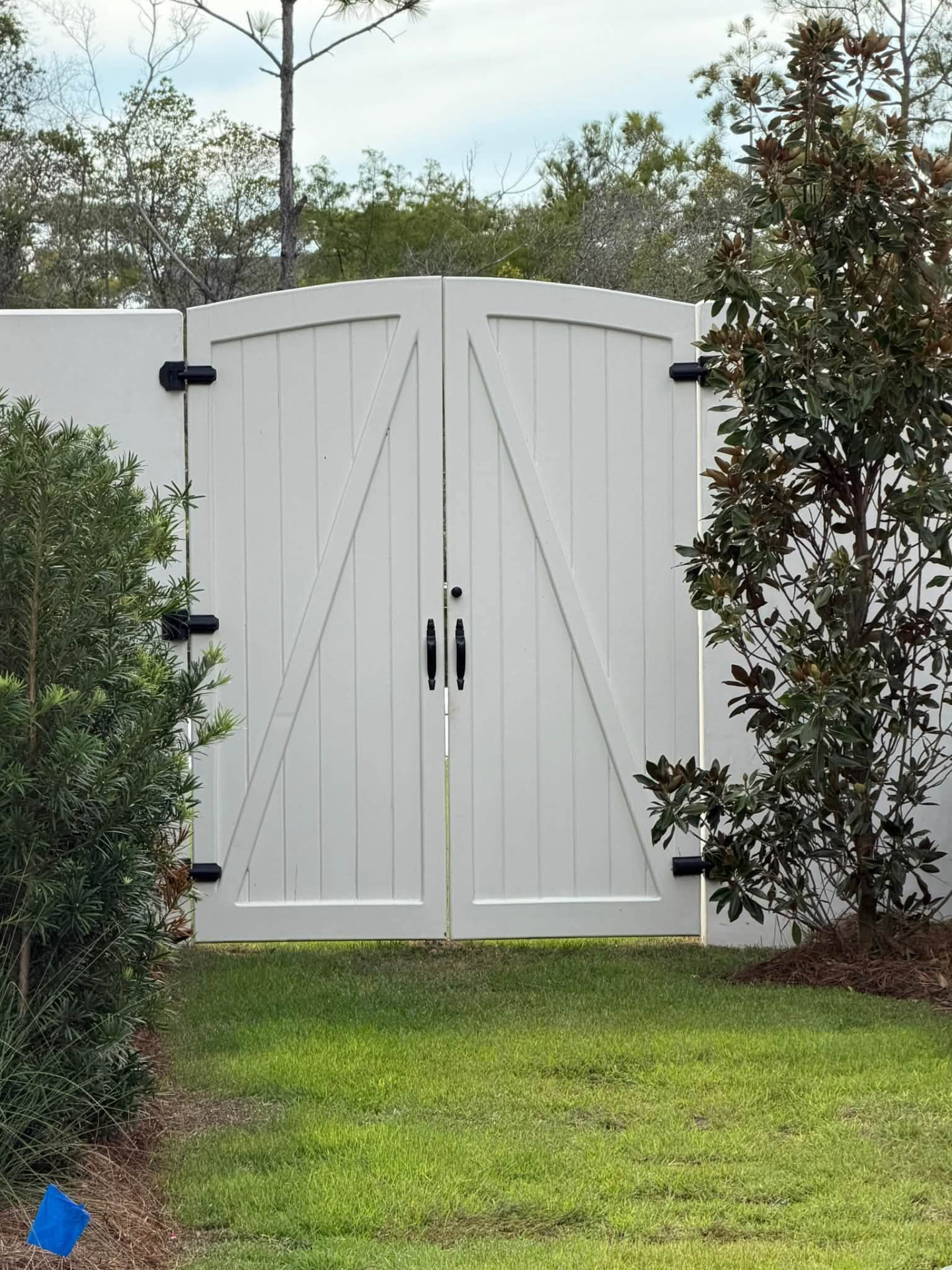 Finished arched double gate with black hardware set into a white wall